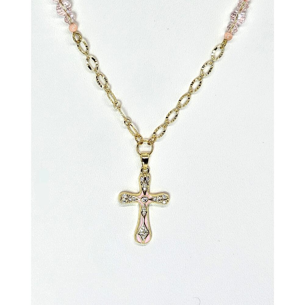 Handmade Pink Cross Necklace Gothic Enamel CZ Charm Adjustable Gold-Plated Chain